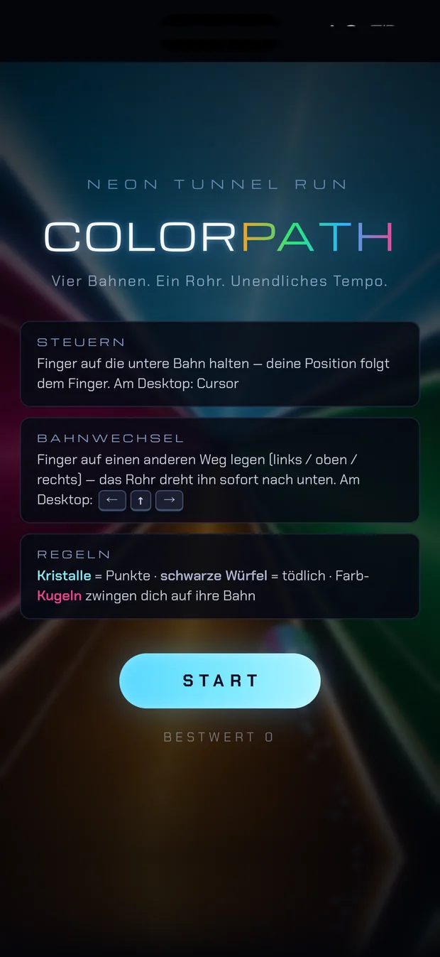 Startbildschirm mit Titel, Steuerungs-Erklärung und Start-Button vor dem Neon-Tunnel.